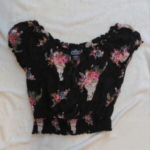 Angie Boho Southwest Floral Skull Short Cap Sleeve Peasant Top Small
